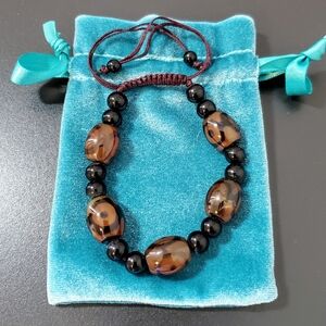 Tibetan Dzi Glass Bead Black Onyx & Cord Adjustable Bracelet - Tortoise